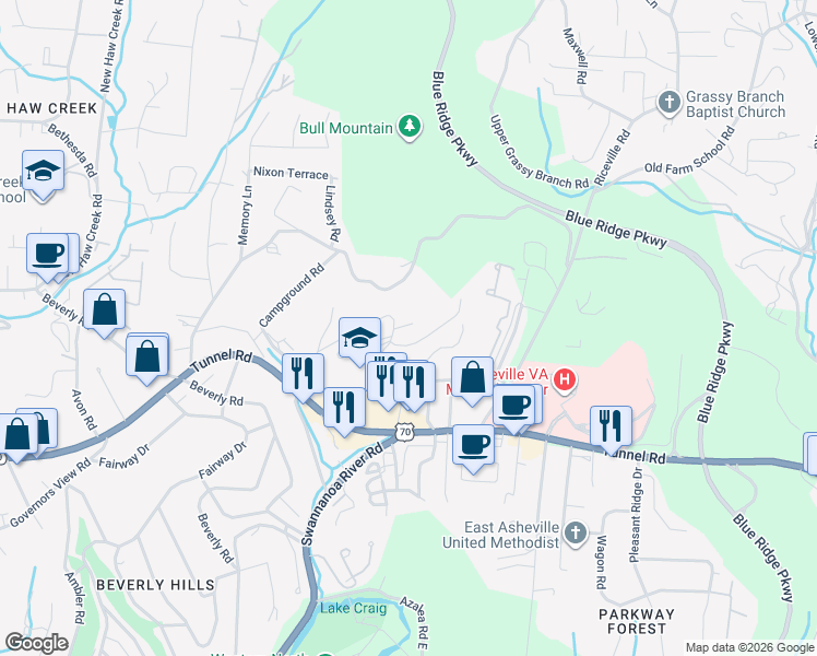 map of restaurants, bars, coffee shops, grocery stores, and more near 76 Maple Springs Road in Asheville