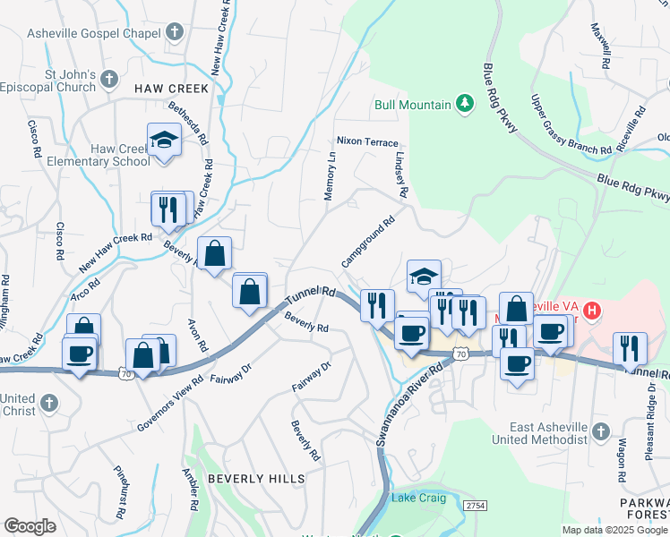 map of restaurants, bars, coffee shops, grocery stores, and more near 99999 Governors View Road in Asheville