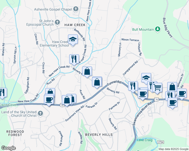 map of restaurants, bars, coffee shops, grocery stores, and more near 68 Beverly Road in Asheville