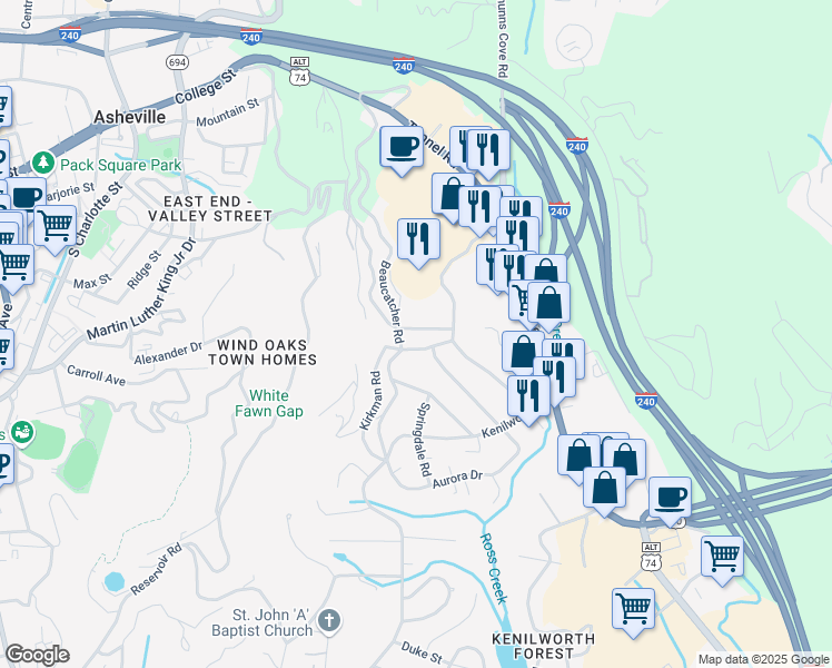 map of restaurants, bars, coffee shops, grocery stores, and more near 350 Beaucatcher Road in Asheville