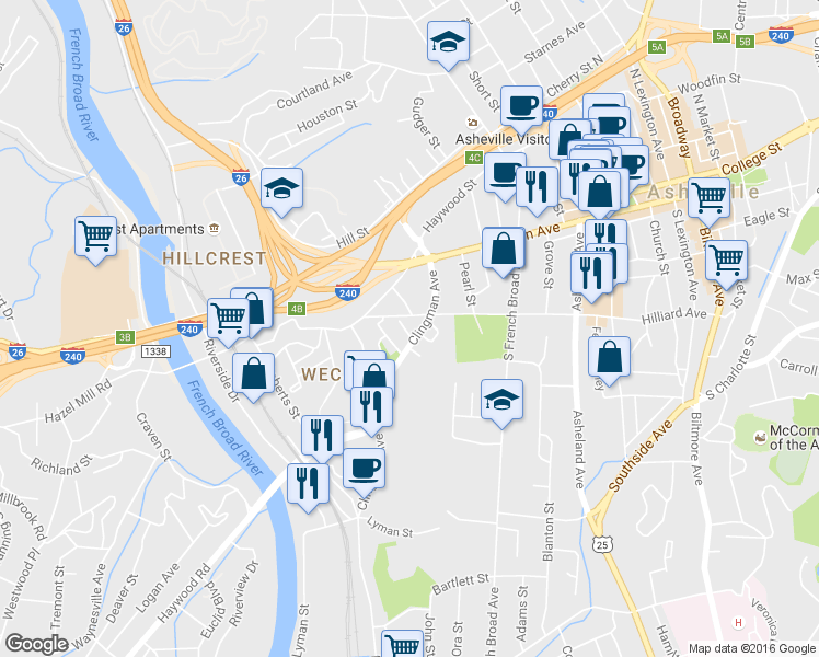 map of restaurants, bars, coffee shops, grocery stores, and more near 73 Clingman Avenue Extension in Asheville