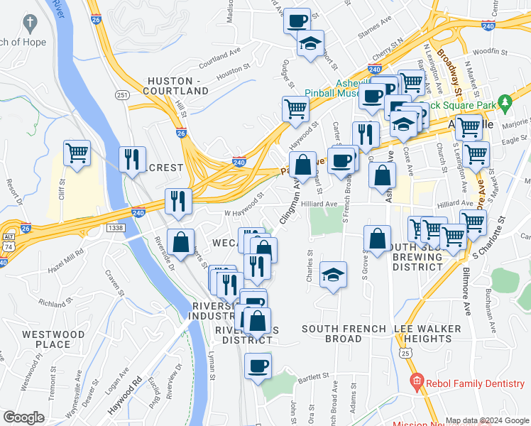 map of restaurants, bars, coffee shops, grocery stores, and more near 22 Rector Street in Asheville