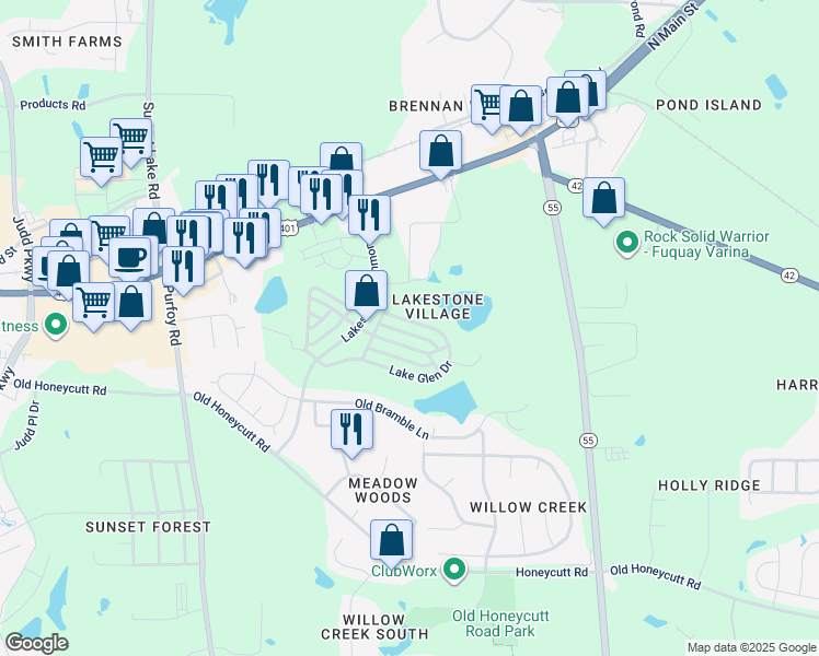 map of restaurants, bars, coffee shops, grocery stores, and more near in Fuquay-Varina