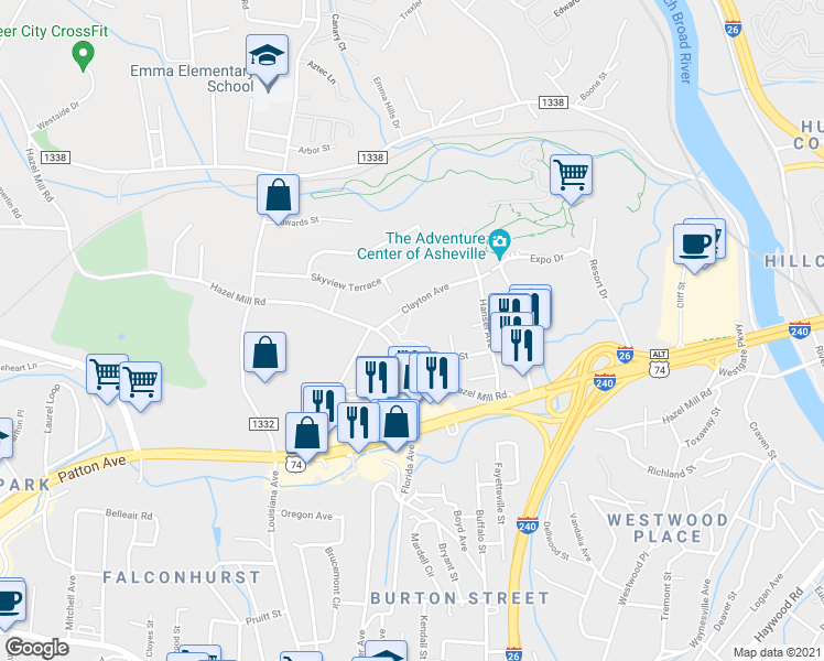 map of restaurants, bars, coffee shops, grocery stores, and more near 275 Hazel Mill Road in Asheville