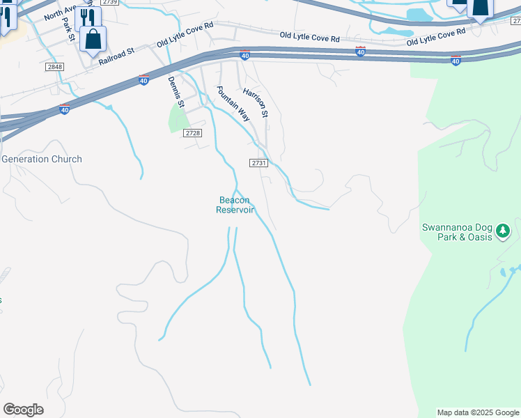 map of restaurants, bars, coffee shops, grocery stores, and more near 346 Fountain Way in Swannanoa
