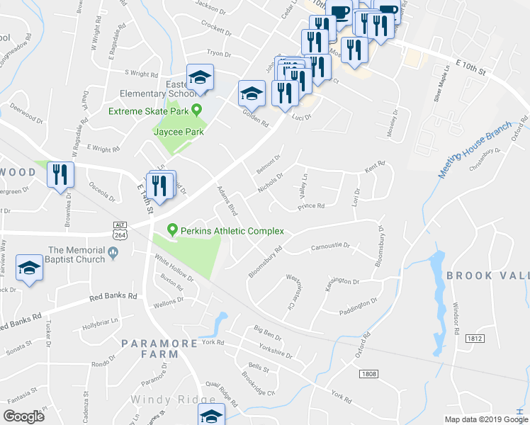 map of restaurants, bars, coffee shops, grocery stores, and more near 106 Bryan Circle in Greenville