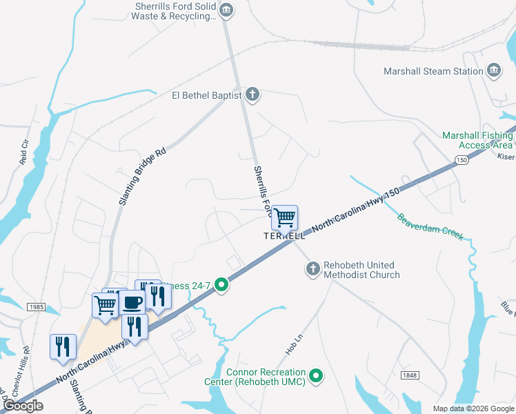 map of restaurants, bars, coffee shops, grocery stores, and more near 9195 Sherrills Ford Road in Sherrills Ford