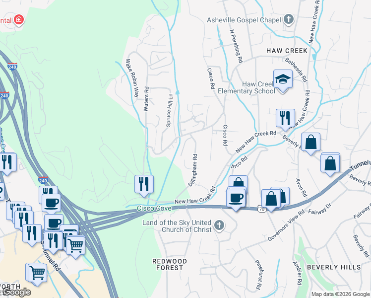 map of restaurants, bars, coffee shops, grocery stores, and more near 72 Dillingham Road in Asheville