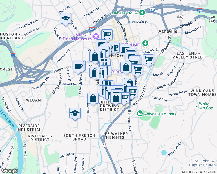 map of restaurants, bars, coffee shops, grocery stores, and more near 100 Coxe Avenue in Asheville
