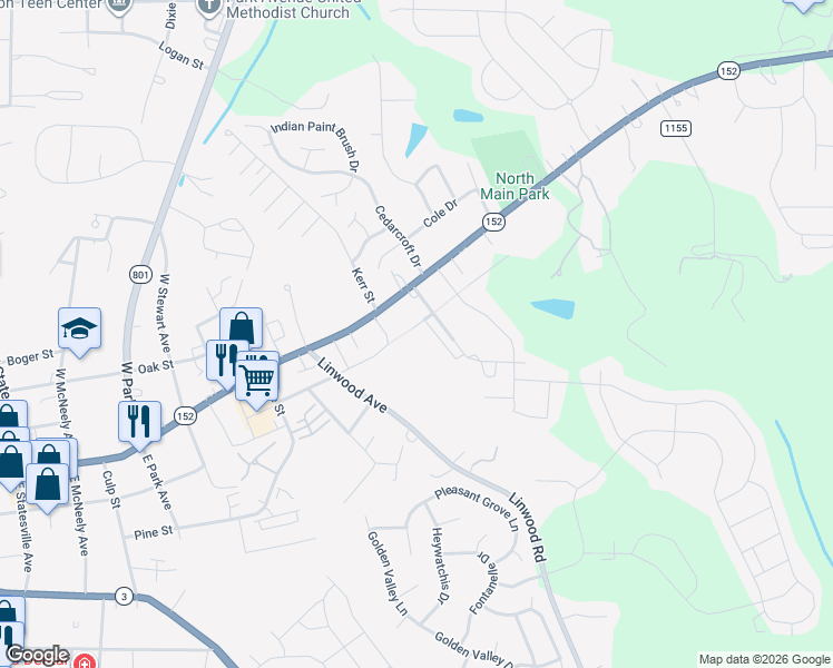 map of restaurants, bars, coffee shops, grocery stores, and more near 206 Kennerly Avenue in Mooresville