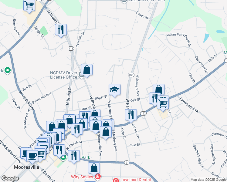 map of restaurants, bars, coffee shops, grocery stores, and more near 251 West McNeely Avenue in Mooresville