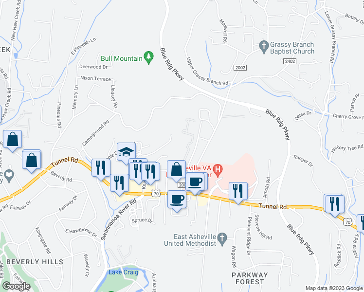 map of restaurants, bars, coffee shops, grocery stores, and more near 126 La Mancha Drive in Asheville