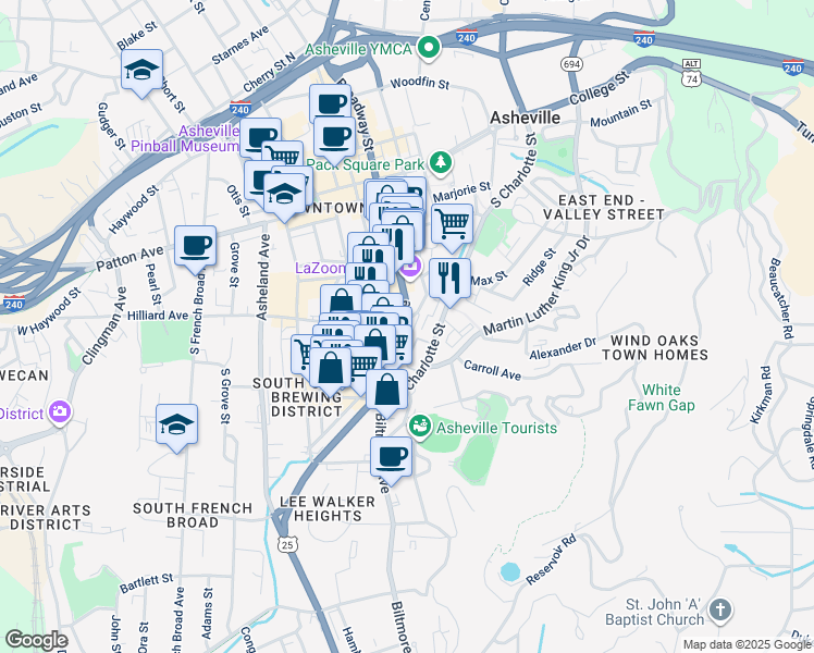 map of restaurants, bars, coffee shops, grocery stores, and more near 130 U.S. 25 in Asheville
