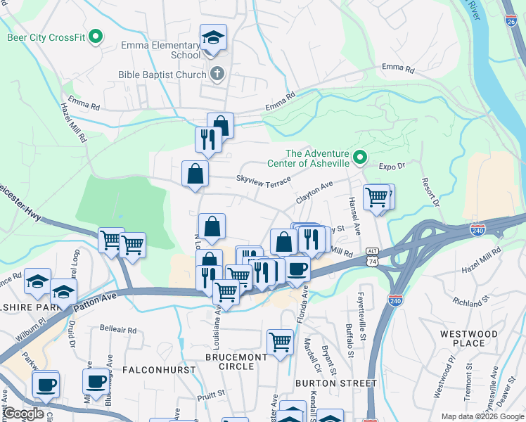 map of restaurants, bars, coffee shops, grocery stores, and more near 3 Hawkins Lane in Asheville
