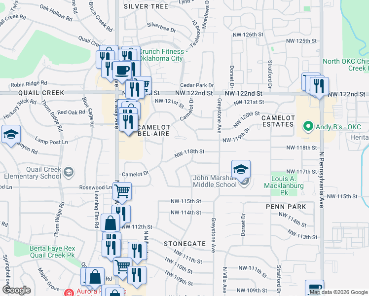 map of restaurants, bars, coffee shops, grocery stores, and more near 2617 Northwest 118th Street in Oklahoma City