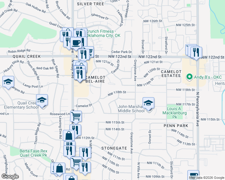 map of restaurants, bars, coffee shops, grocery stores, and more near 2617 Northwest 118th Street in Oklahoma City