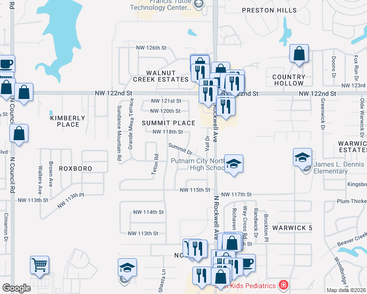 map of restaurants, bars, coffee shops, grocery stores, and more near 11800 Monarch Pass in Oklahoma City
