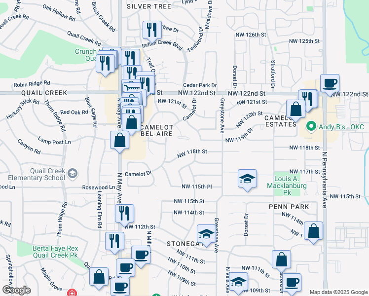 map of restaurants, bars, coffee shops, grocery stores, and more near 2617 Northwest 118th Street in Oklahoma City