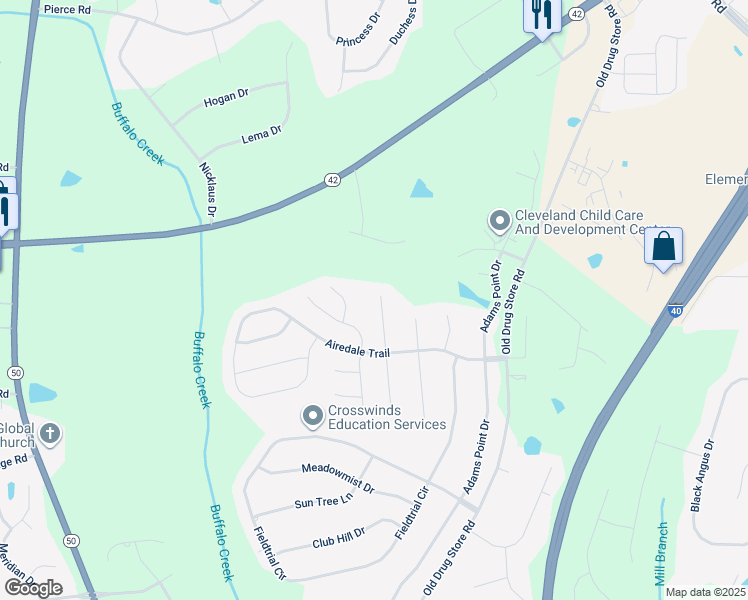 map of restaurants, bars, coffee shops, grocery stores, and more near 135 Beau Drive in Garner