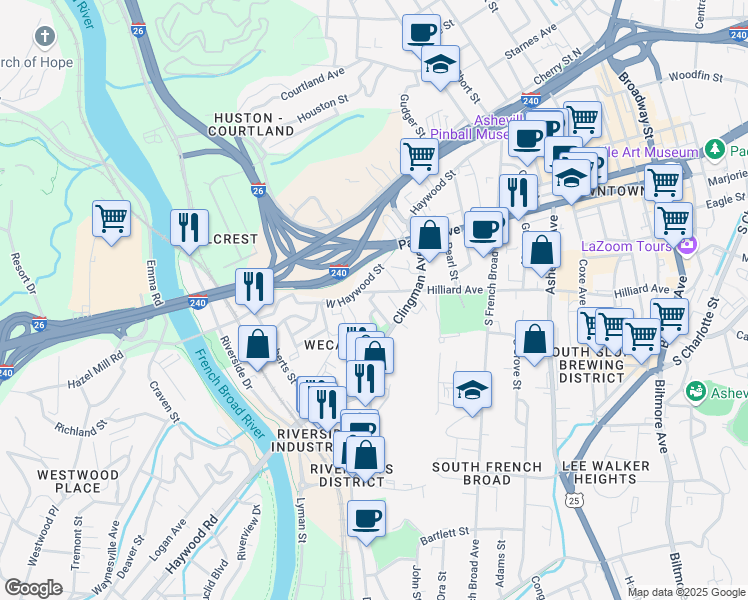 map of restaurants, bars, coffee shops, grocery stores, and more near 78 Owens Bell Lane in Asheville
