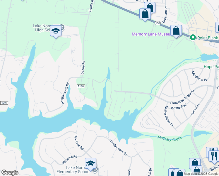map of restaurants, bars, coffee shops, grocery stores, and more near 180 Lineberger Road in Mooresville