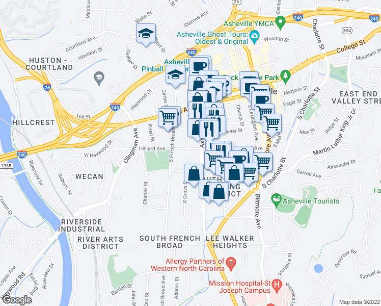 map of restaurants, bars, coffee shops, grocery stores, and more near 226 Hilliard Avenue in Asheville