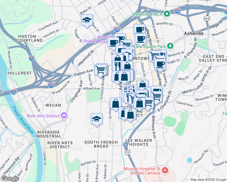 map of restaurants, bars, coffee shops, grocery stores, and more near 226 Hilliard Avenue in Asheville