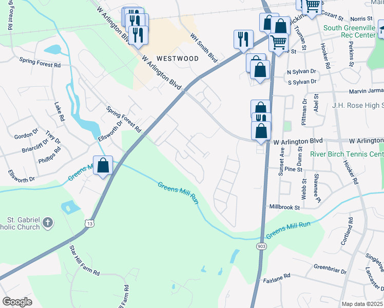 map of restaurants, bars, coffee shops, grocery stores, and more near 1217 Cross Creek Circle in Greenville