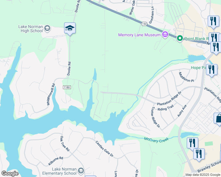 map of restaurants, bars, coffee shops, grocery stores, and more near 108 Serravista Street in Mooresville