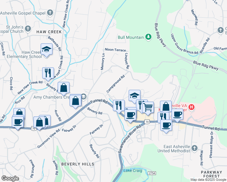 map of restaurants, bars, coffee shops, grocery stores, and more near 17 Campground Road in Asheville