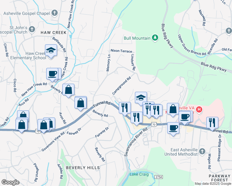 map of restaurants, bars, coffee shops, grocery stores, and more near 99999 Governors View Road in Asheville
