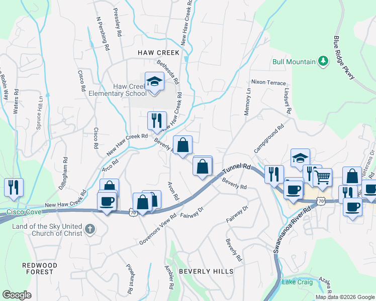 map of restaurants, bars, coffee shops, grocery stores, and more near 58 1/2 Beverly Road in Asheville