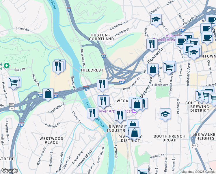 map of restaurants, bars, coffee shops, grocery stores, and more near 10 Roberts Street in Asheville