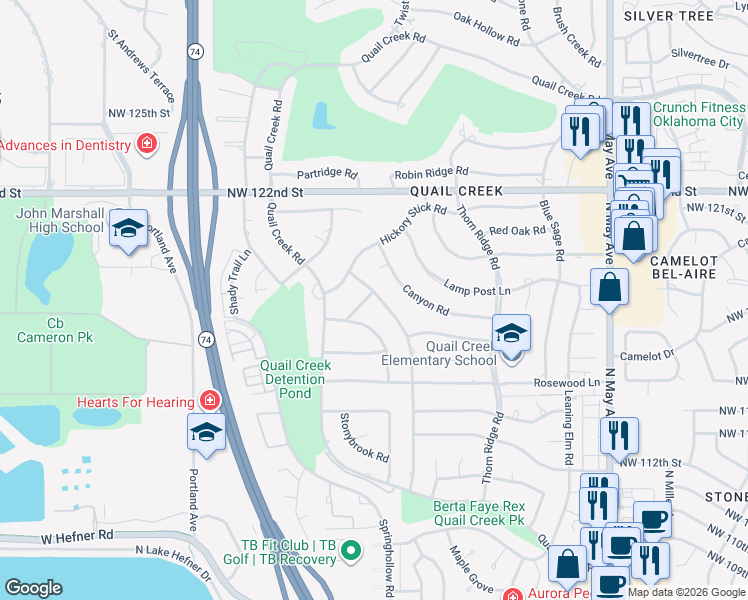 map of restaurants, bars, coffee shops, grocery stores, and more near 3416 Prairie Grass Road in Oklahoma City