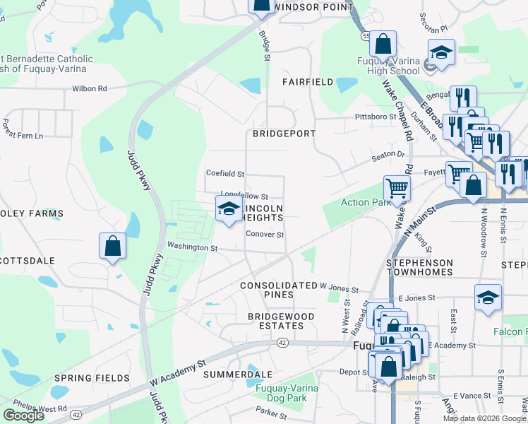 map of restaurants, bars, coffee shops, grocery stores, and more near 405 Cherry Street in Fuquay-Varina
