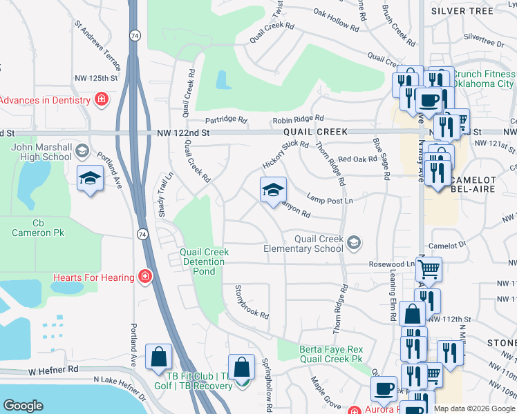 map of restaurants, bars, coffee shops, grocery stores, and more near 3416 Prairie Grass Road in Oklahoma City