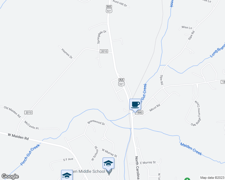 map of restaurants, bars, coffee shops, grocery stores, and more near 3581 Brookwood Drive in Maiden