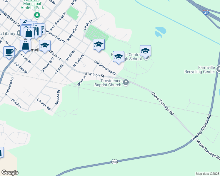 map of restaurants, bars, coffee shops, grocery stores, and more near 3387 East Wilson Street in Farmville