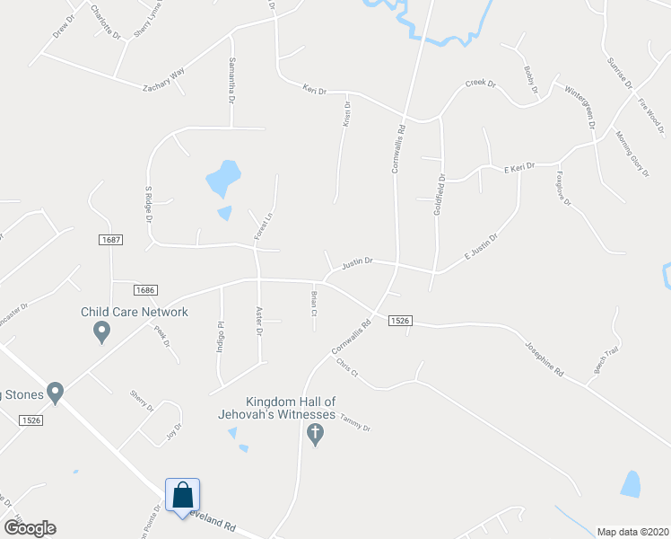 map of restaurants, bars, coffee shops, grocery stores, and more near 7200 Justin Drive in Garner