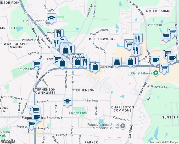 map of restaurants, bars, coffee shops, grocery stores, and more near 718 North Main Street in Fuquay-Varina