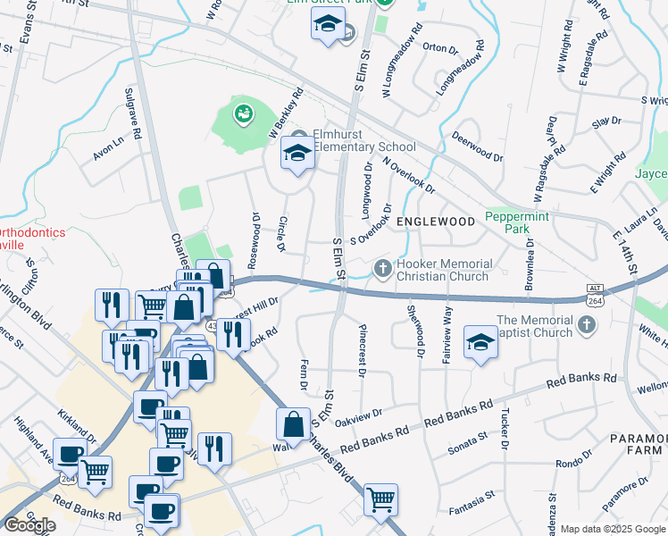 map of restaurants, bars, coffee shops, grocery stores, and more near 1807 South Elm Street in Greenville