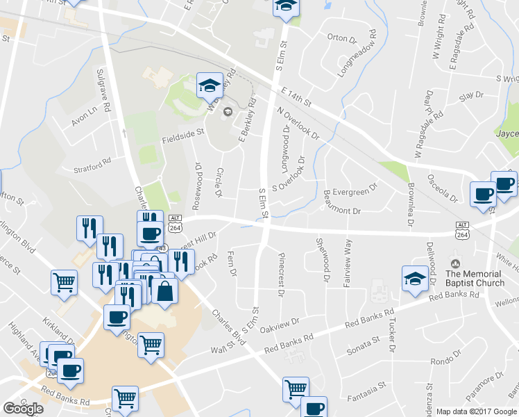map of restaurants, bars, coffee shops, grocery stores, and more near 1807 South Elm Street in Greenville