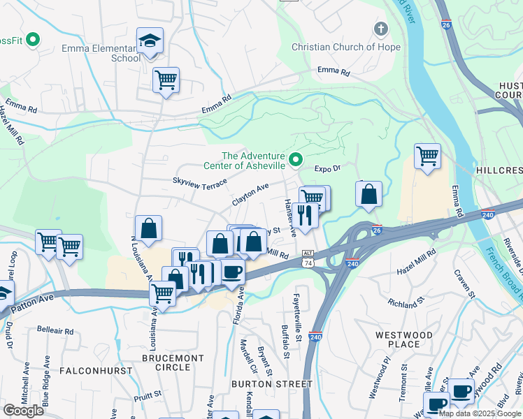 map of restaurants, bars, coffee shops, grocery stores, and more near 20 Townview Drive in Asheville