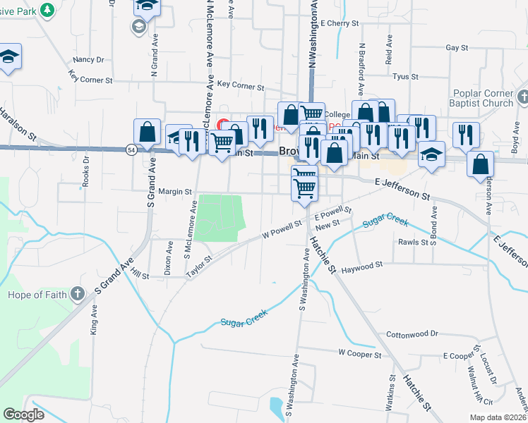map of restaurants, bars, coffee shops, grocery stores, and more near 212 South Russell Avenue in Brownsville