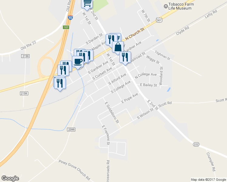 map of restaurants, bars, coffee shops, grocery stores, and more near 299 State Road 2342 in Kenly