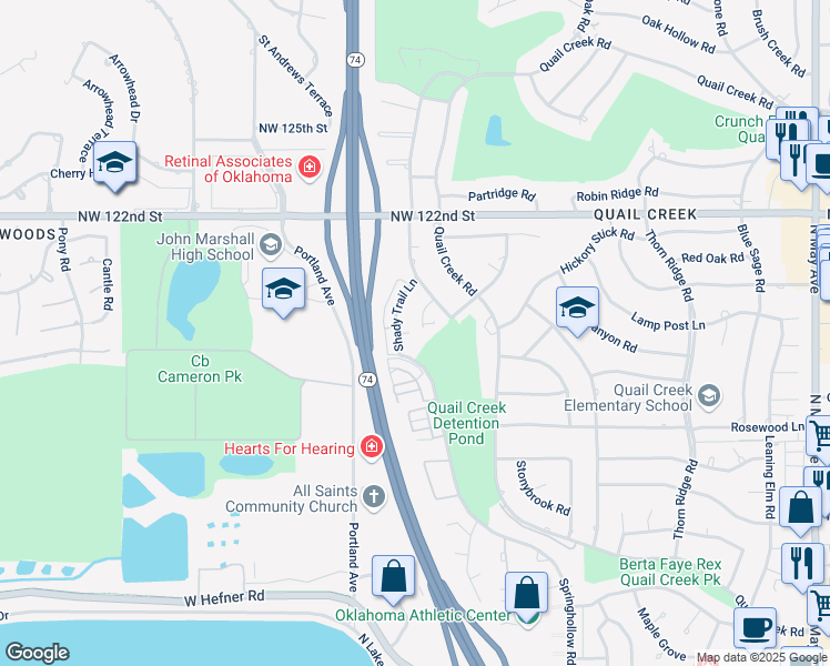map of restaurants, bars, coffee shops, grocery stores, and more near 11812 Springhollow Road in Oklahoma City
