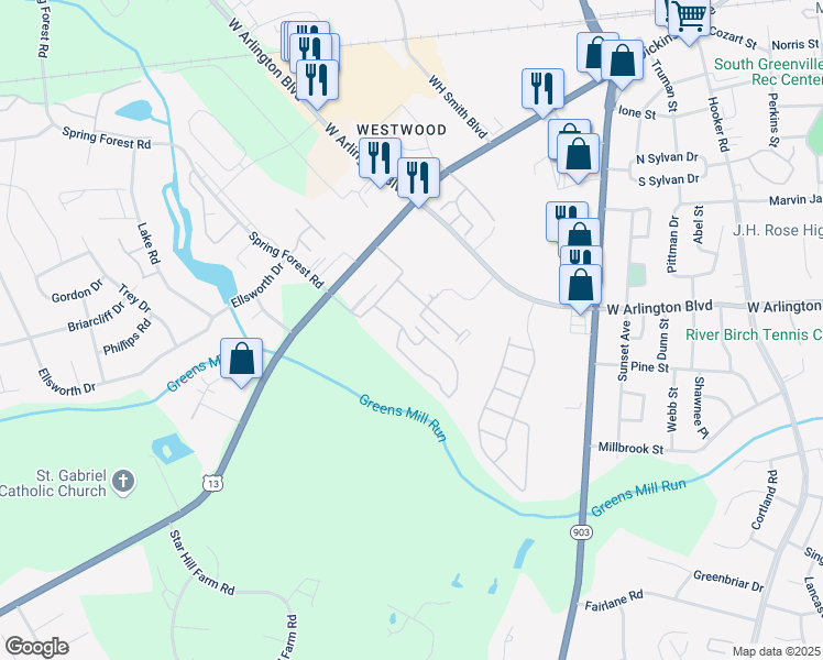 map of restaurants, bars, coffee shops, grocery stores, and more near 1212 Cross Creek Circle in Greenville