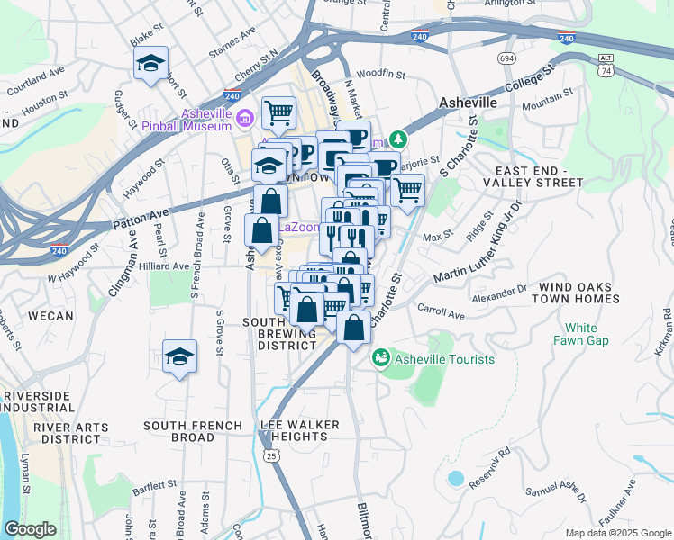 map of restaurants, bars, coffee shops, grocery stores, and more near 19 Church Street in Asheville