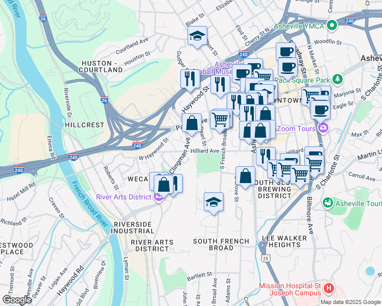 map of restaurants, bars, coffee shops, grocery stores, and more near 360 Hilliard Avenue in Asheville