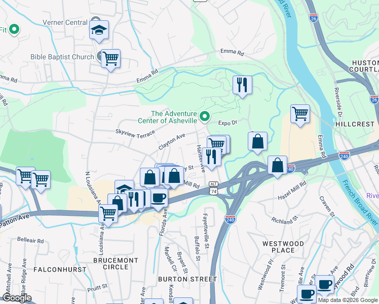 map of restaurants, bars, coffee shops, grocery stores, and more near 46 Hansel Avenue in Asheville